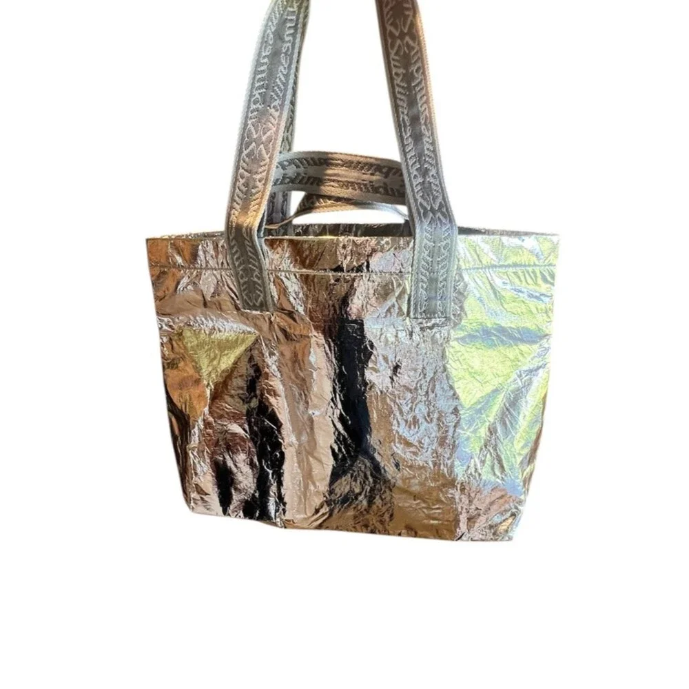 Tory Burch Metallic Silver Sublime Tote Bag with Patterned Straps